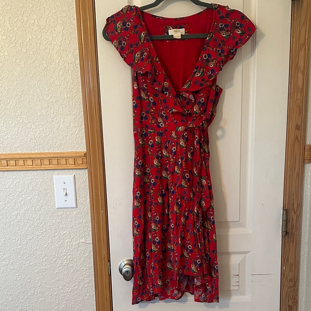 Anthropology Floral Red Ruffle Faux Wrap Dress